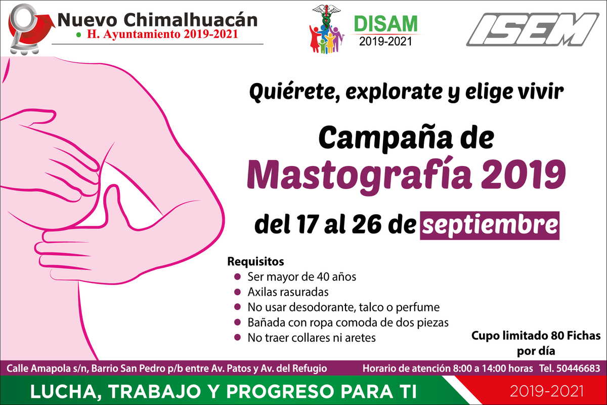 ChimalhuacanSi's tweet photo. 🎗  Con el objetivo de detectar posibles casos y contribuir en la prevención del cáncer de mama, realizamos campaña de Mastografías gratuitas, del 17 al 26 de septiembre.

Para mujeres de entre 40 y 69 años de edad 👱‍♀️ https://t.co/o4tdbhnhFx