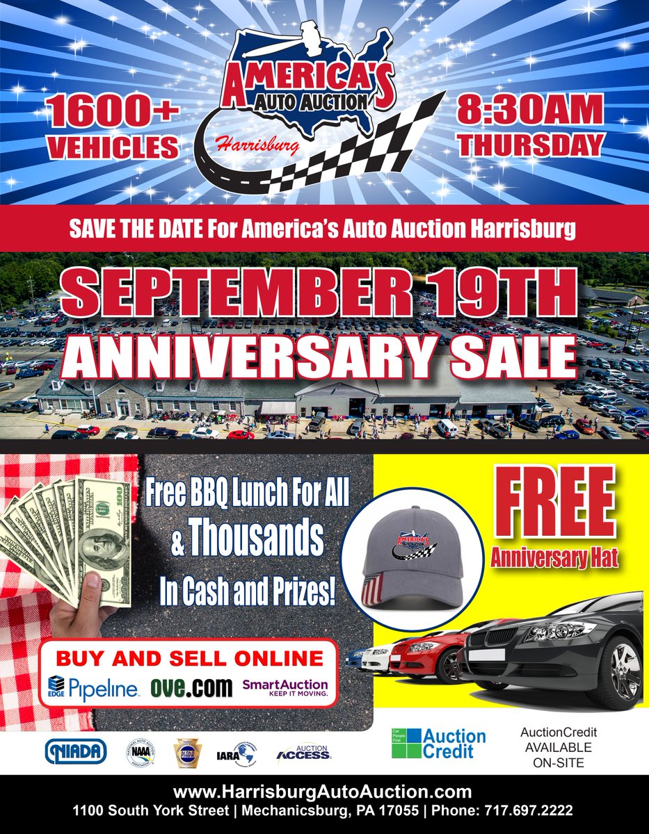 MARIADA___'s tweet photo. SAVE the DATE for America's Auto Auction this Thursday September 19th 8:30AM with over 1600 cars running through the lanes. 🚙🚗🚚 Plus get free BBQ 🍗🍔 lunch &amp; thousands 💲 in prizes! Visit https://t.co/Joo9HAnS7s for more details. https://t.co/Yt3pE4iIky
