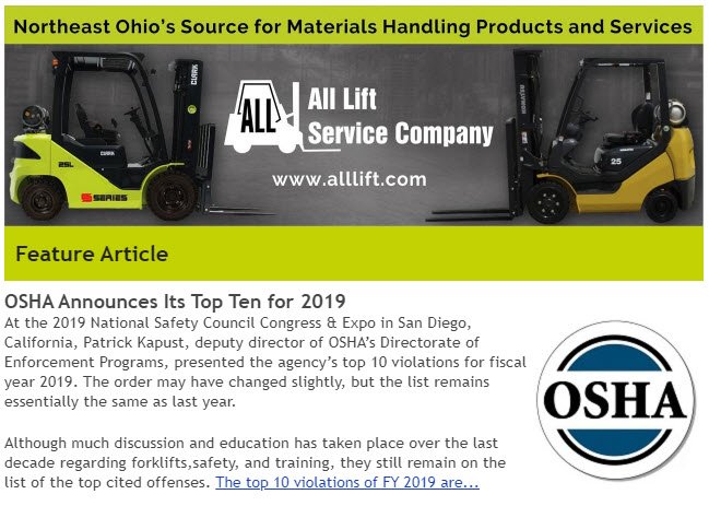 All Lift Service Co On Twitter Https T Co 6lbljshtxr Osha Announces Its Top Ten For 2019 Materialhandling News Cleveland Our Latest Enewsletter Is Online Now Https T Co Xgsluktqyw