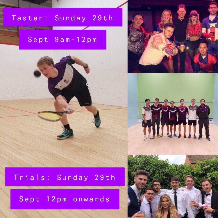 LSUsquash's tweet photo. ATTENTION FRESHERS: Squash trials and taster sessions will take place on Sunday 29th September in the EHB complex! Taster session: 9am-12pm and Trials: 12pm onwards. Please bring suitable footwear and a squash racket. We look forward to seeing you all there 💜 https://t.co/2ppfo6X4CG