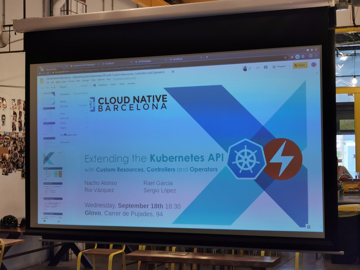 Anyul Rivas (@anyulled) on Twitter photo Let's get started. Extending <a href="/kubernetesio/">Kubernetes</a> with resources, controllers and operators, by <a href="/raelga/">Rael Garcia</a> on <a href="/BarcelonaCloud/">Cloud Native Barcelona</a> Let's get started. Extending <a href="/kubernetesio/">Kubernetes</a> with resources, controllers and operators, by <a href="/raelga/">Rael Garcia</a> on <a href="/BarcelonaCloud/">Cloud Native Barcelona</a>