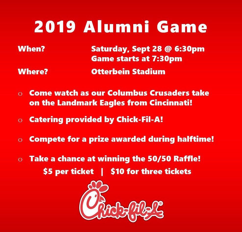 Crusader Homecoming and Alumni Night is September 28. Kickoff is at 7:30 pm. at Otterbein University. Hope to 👀 you there!