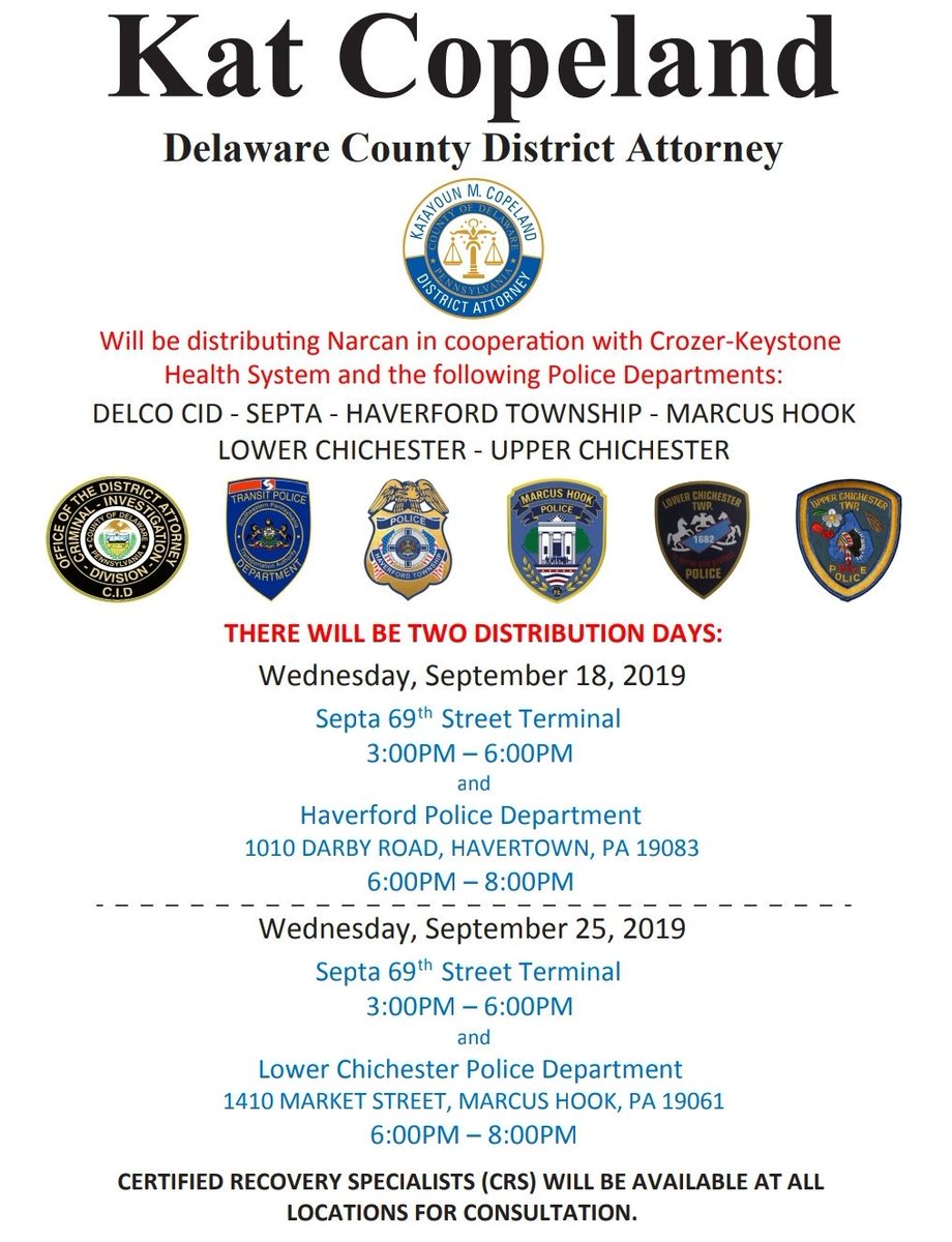 Join the DA's Office, @CrozerKeystone, <a href="/SEPTA/">SEPTA</a>, <a href="/HaverfordPD/">Haverford Police</a>, Marcus Hook PD, Lower Chichester PD &amp; Upper Chichester PD for #narcandistributiondays this month. #delcoda #delcoHTF #recovery #treatment #naloxone