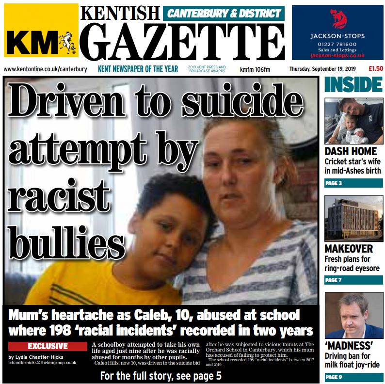 Kent_Online's tweet photo. Kentish Gazette: Driven to suicide attempt by racist bullies #tomorrowsKMpapers https://t.co/5N0venIy0Y