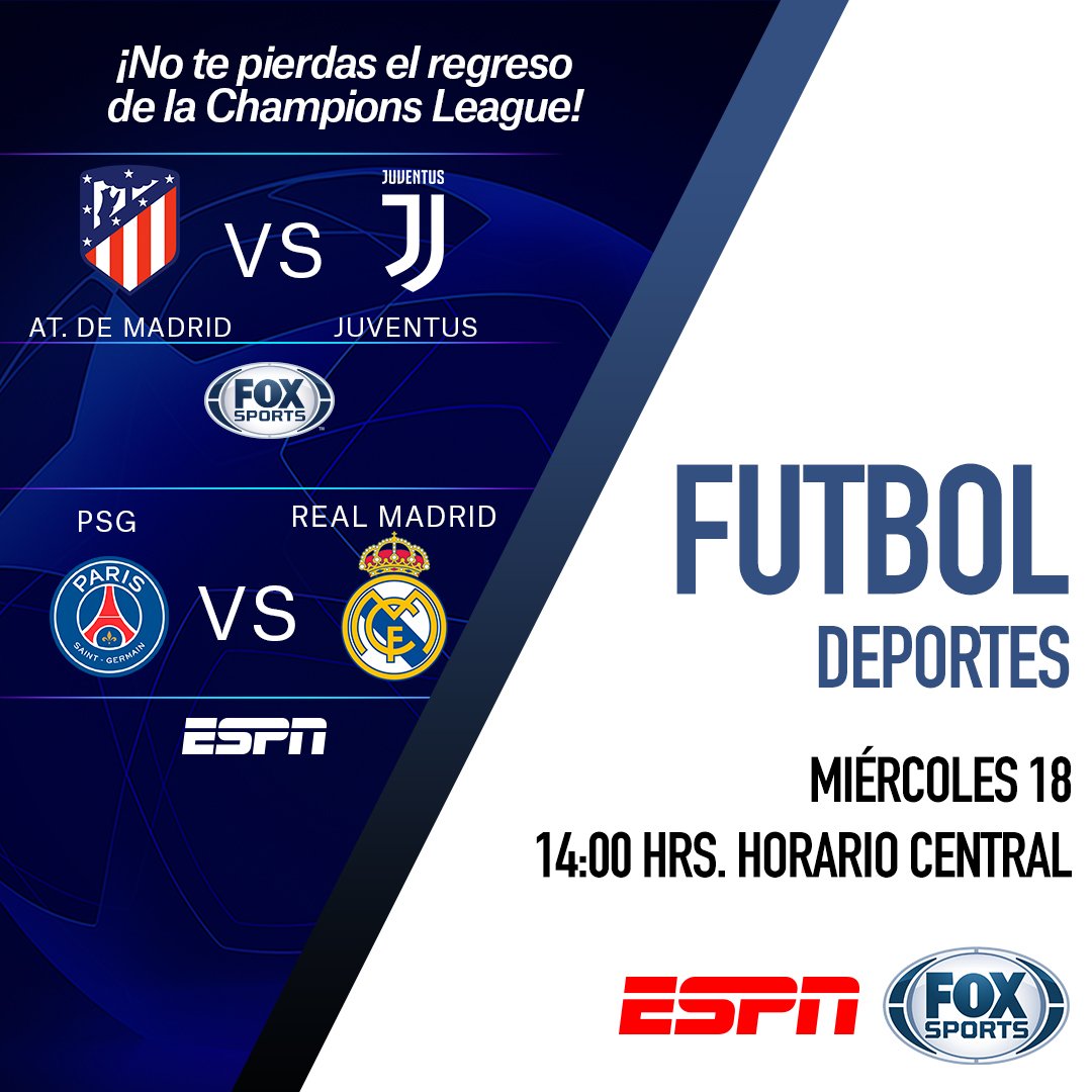 CablecomMX's tweet image. ¡Miércoles pambolero! Sigue disfrutando la Champions League por @ESPNmx y @FOXSportsMX con los encuentros PSG Vs Real Madrid y ATM Vs Juventus.