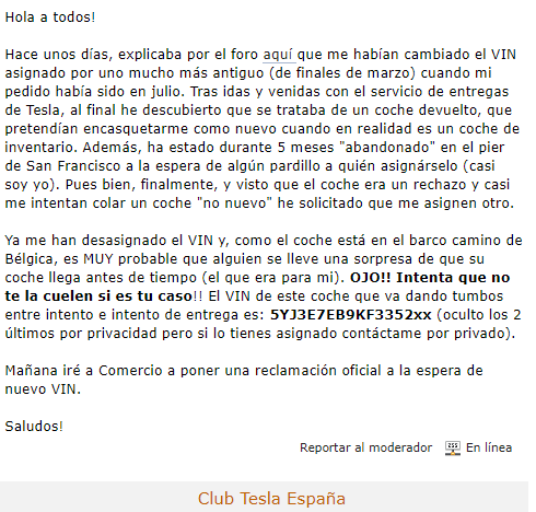 MdeSalamanca's tweet image. #Model3 March VIN assigned in July turns out to be a returned car in search for the next fool, according to @Tesla, who called the customer. VIN in the pic. Also, it would not have the latest HW given how old it is.
#TeslaEspaña
#TeslaDeliveryIssues