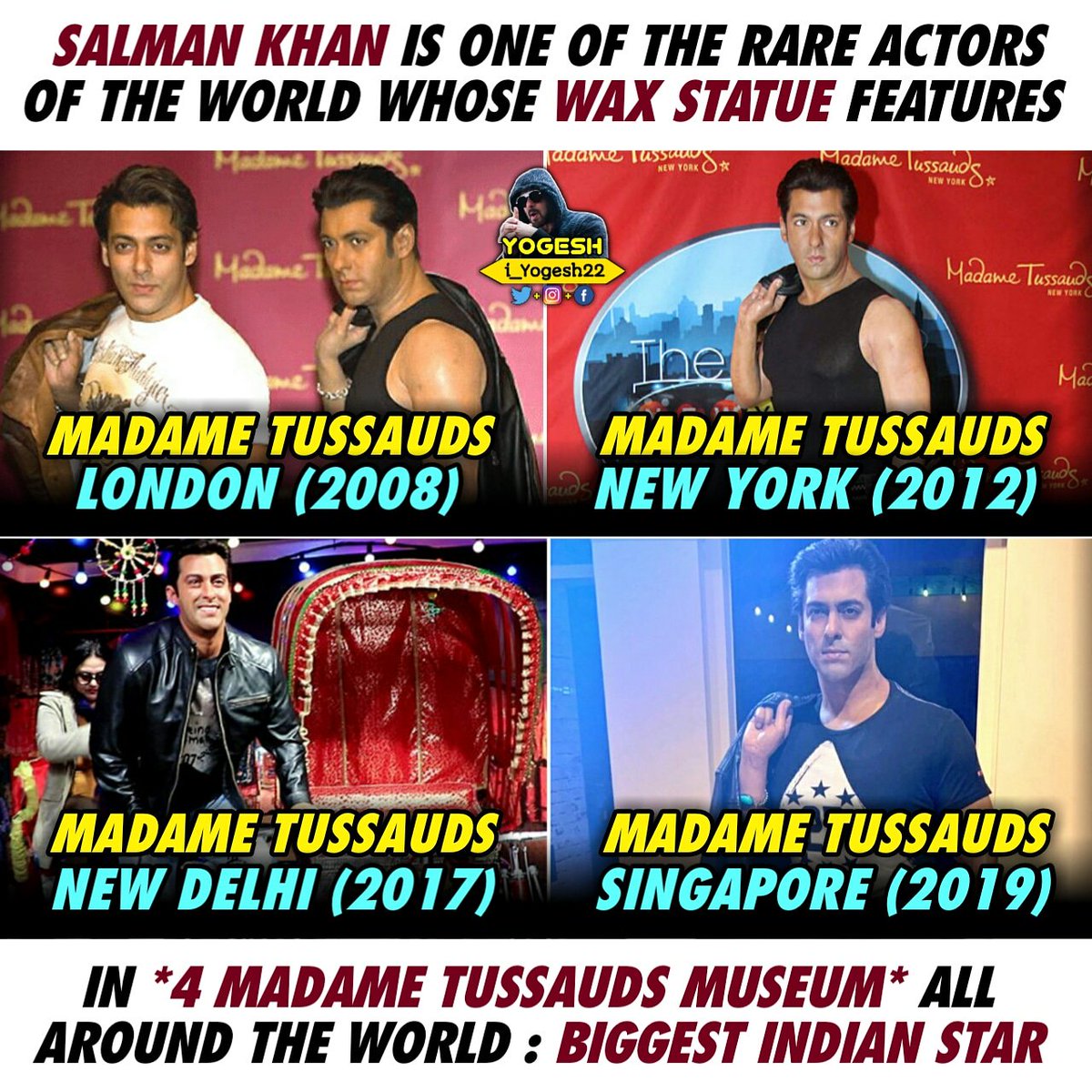 Man of The Moment 🔥
--------------------------------------------
#MadameTussaudsLondon, 2008
#MadameTussaudsNewYork, 2012
#MadameTussaudsNewDelhi, 2017
#MadameTussaudsSingapore,2019
---------------------------------------------
Biggest Megastar #SalmanKhan 🙏