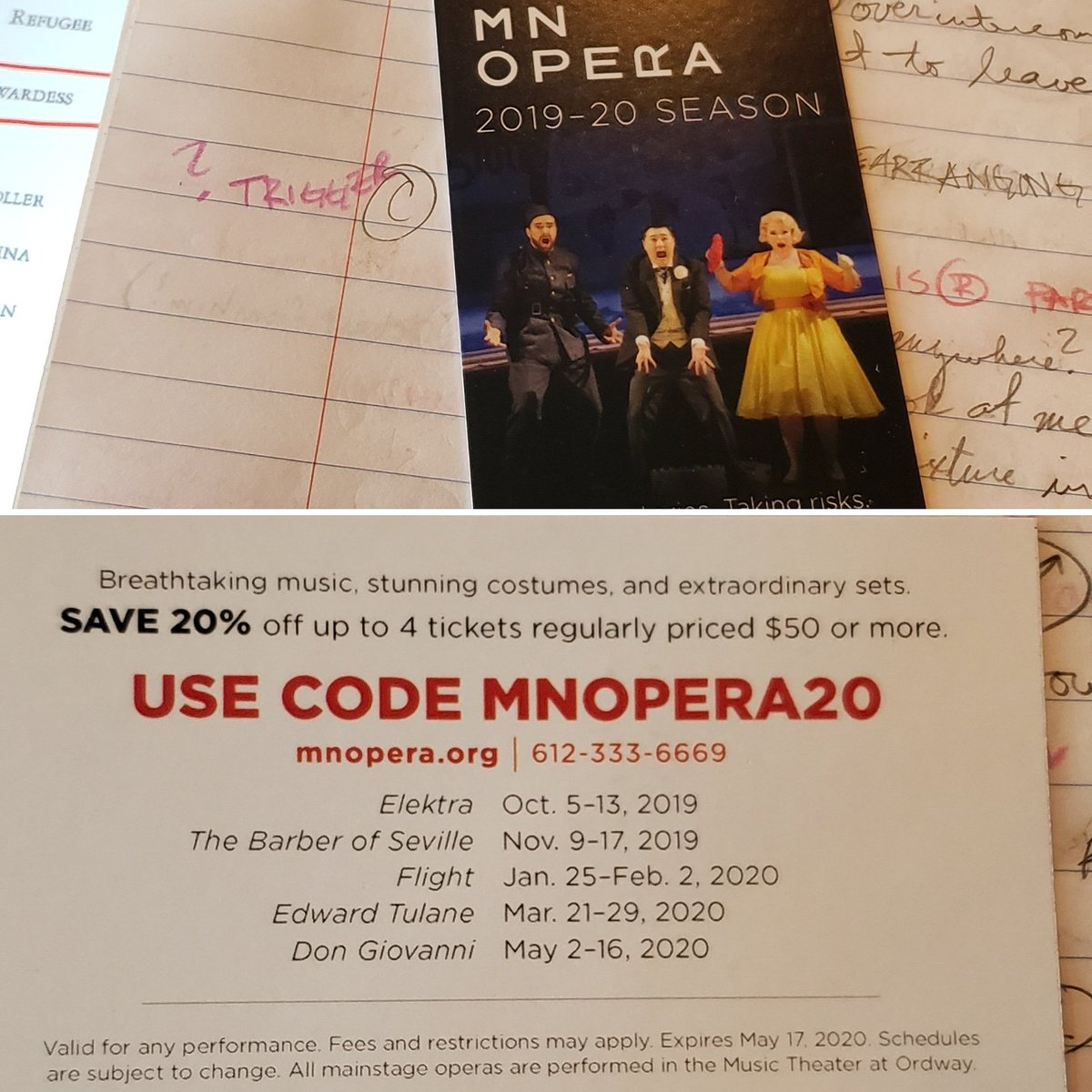 dtorodirects's tweet photo. I'm very excited to be a part of @mnopera's main stage season. Use this promo code to get 20% off #FLIGHT and the other fabulous operas in the 2019-20 season.
#DirectorLife #LatinoDirectors #LatinosInOpera #SocialJusticeOpera #JonathanDove #opera https://t.co/lXmcI8LCGs