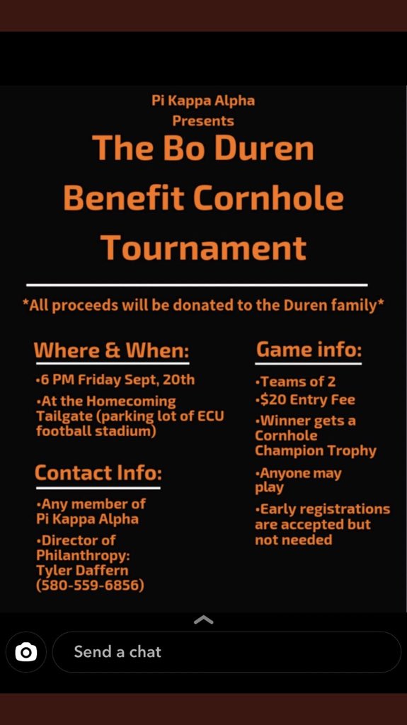 Please come out on Friday and play or donate in the PIKE cornhole tourney. All proceeds are going to the Duren Family. This is a great cause and we should ALL come together for the Baseball team, the family and our school as a whole! <a href="/PiKappaAlpha_EO/">Pi Kappa Alpha ΕΩ</a>