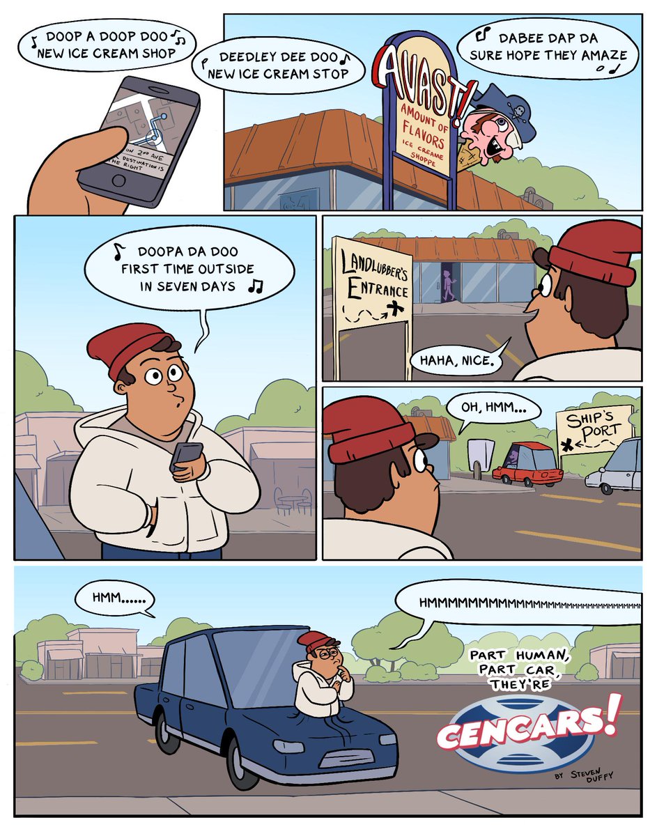 @WebcomicUpdates Hi!! This is my goofy webcomic Cencars! Join Average Teen Parker Perez as he gets the hang of living with a disease that's turned him half car! I just put it all up as a PDF on Gumroad (at https://t.co/RlwjOizRj4), and you can also read it at https://t.co/GMS9H9K47a 