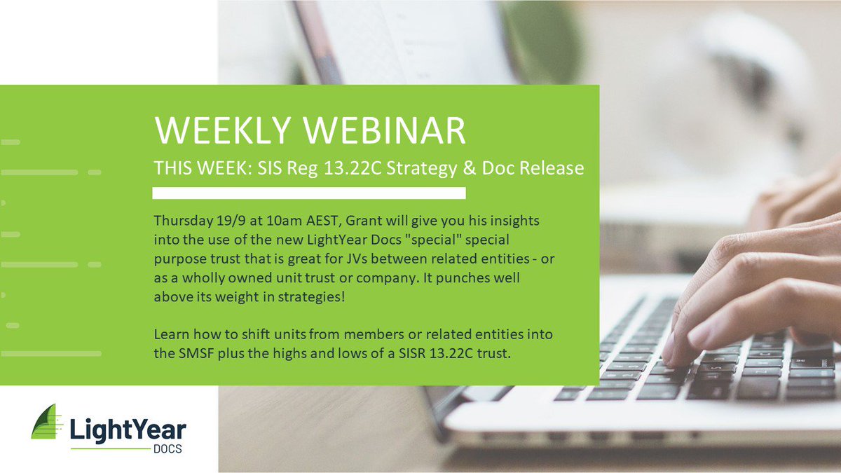 LightYearDocs's tweet photo. If you have never built a wholly owned unit trust for a SMSF today's the day to watch how: register for free 10am briefing:  
https://t.co/f2n8KWiFs5\

#lightyeardocs #grantabbott #ilovesmsf #SMSFStrategies2019 https://t.co/yFCfP5qR9J