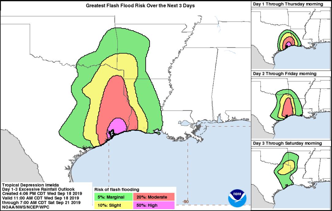 NWS's tweet photo. Slow moving tropical Depression Imelda will continue bringing heavy rain to the Upper Texas Coast and northward along the TX/LA border through Friday. An additional 4-10 inches of rain, and up to 25 inches of storm total in isolated areas may result in flash flooding. https://t.co/E26uscieFe