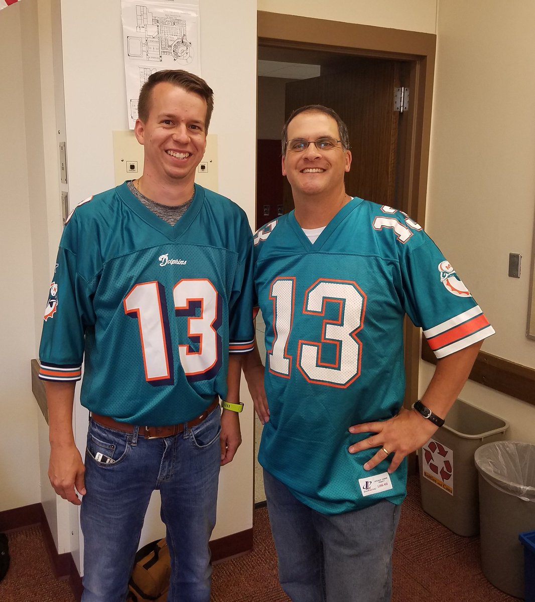 ShawnDuFresne's tweet photo. Jersey Day! @mrkoskchem and #dufdaddy representing up in Michigan! How about a like @DanMarino @MiamiDolphins? #FinsUp https://t.co/mogJqQ7WOj