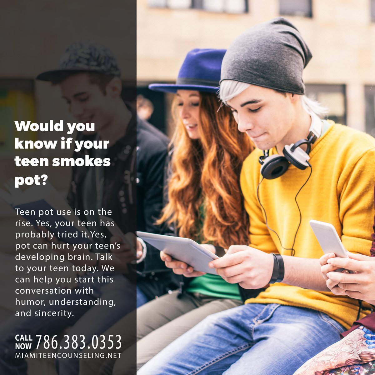 MIAteencoun's tweet photo. Teen pot use is on the rise. Yes, your teen has probably tried it.Yes, pot can hurt your teen’s developing brain. Talk to your teen today. We can help you start this conversation. Call: 786-383-0353 https://t.co/7ilAWqDXS9 #miami #teencounseling #marijuana #potuse #teendruguse https://t.co/jQESyGzK2i