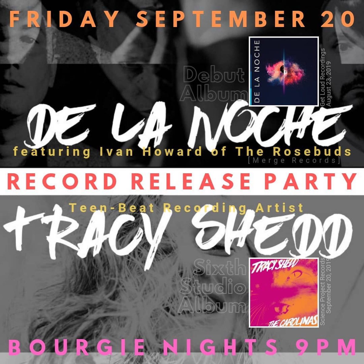 GravityRecords's tweet photo. Our friends are playing Friday at @bourgienights. Staff member Chuck plays w/our friends Robert, Brian, &amp; Ivan in @noche_music. Homegirl @TracyShedd will be unveiling her latest as well!

Doing anything else Friday better be taking care of an ailing relative or sick pet! #Ilmnc https://t.co/qZA9x6rvdB
