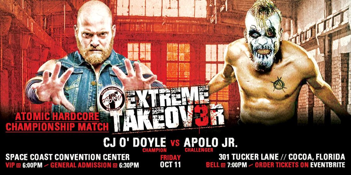 WrestlingAtomic's tweet photo. *Match Announcement* Friday October 11th in Cocoa Florida for @WrestlingAtomic "Extreme Takeover 3" the Atomic Hardcore Championship will be on the line in this 1st time ever match up between @CJODoyle (C) vs @IAmApoloJr - Tickets at https://t.co/5S27uPhwkj #NewFaceOfEXTREME #ARW https://t.co/L3DdV7IcQ2