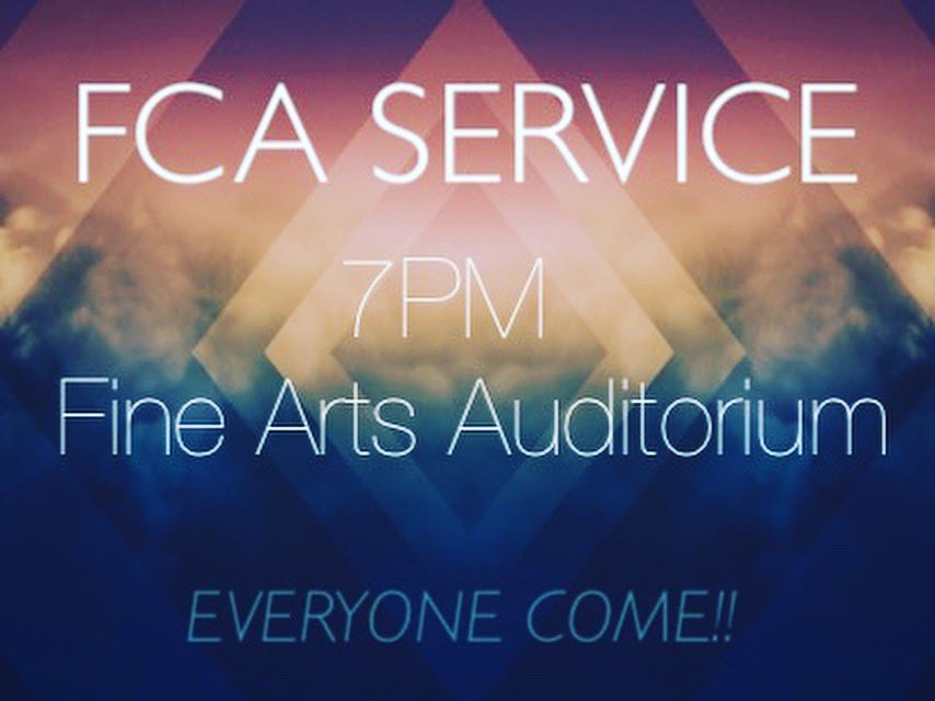 FcaIcc's tweet photo. ICC FCA tonight at 7pm in the Fine Arts Auditorium! BE THERE!! https://t.co/ygUg2jhPwU