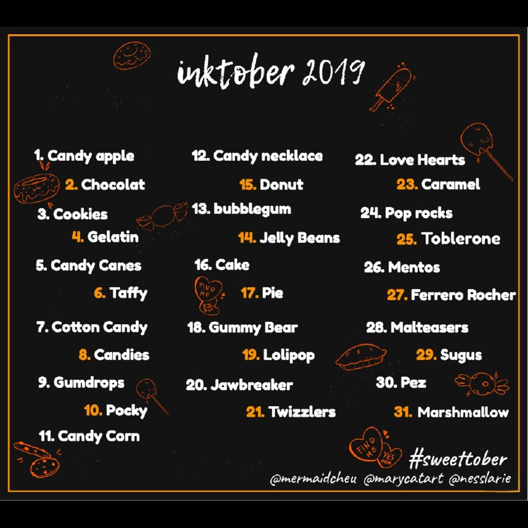 Mermaicheu's tweet photo. Me and @nesslarie @marycatart created a list for #inktober 💖 we wanted to do something different so we decided to do a #sweettober ^^ 
•
•https://t.co/sILlM72BZj
•
#inktober2019 #inktoberlist #inktoberpromptlist #candy #sweets  #drawing #artist  #list #doodles #cadies https://t.co/ie8hhQ0Ftn