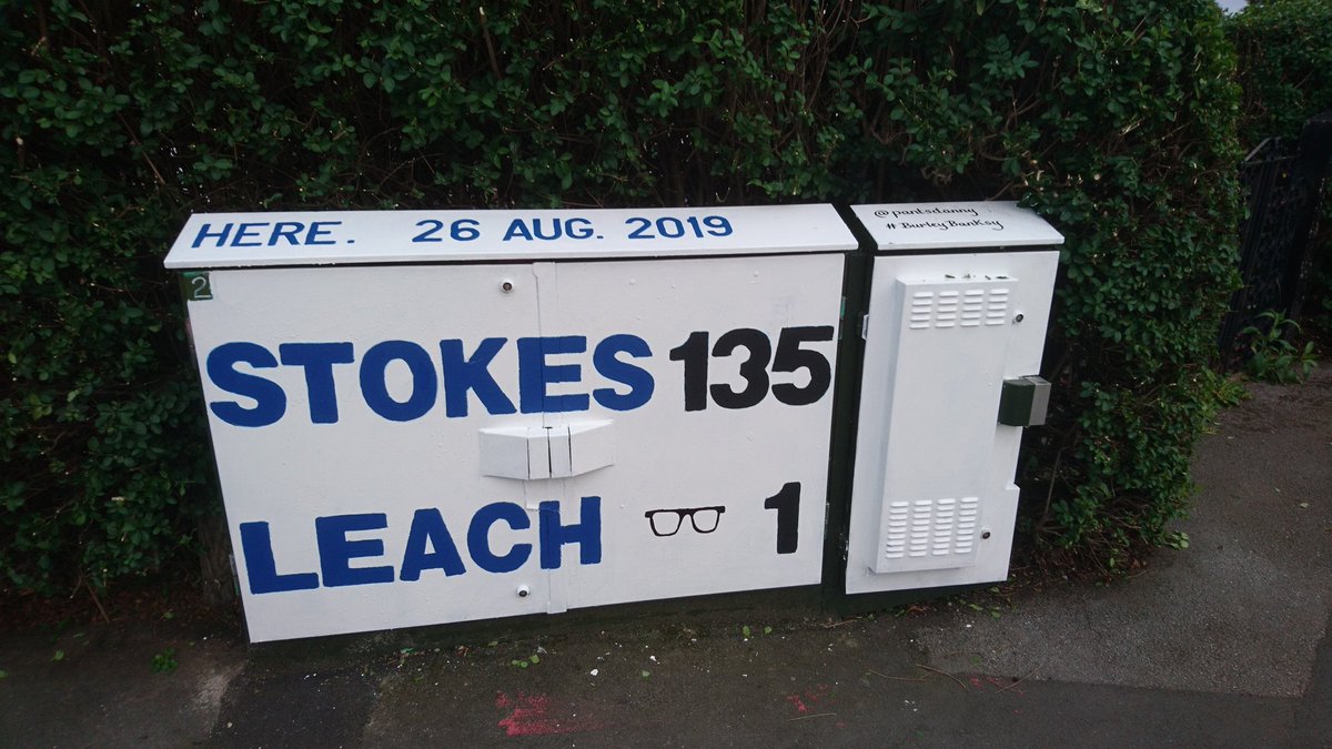 theburleybanksy's tweet photo. Painted this outside the stadium for @benstokes38 &amp; @jackleach1991. Residents all approve. 
Best innings &amp; end to a Test most of us have ever seen. Might make Ben smile after the horrible actions of The Sun.
Comes complete with Leach's specs!
@englandcricket
@YorkshireCCC https://t.co/9NvCNh4dsx