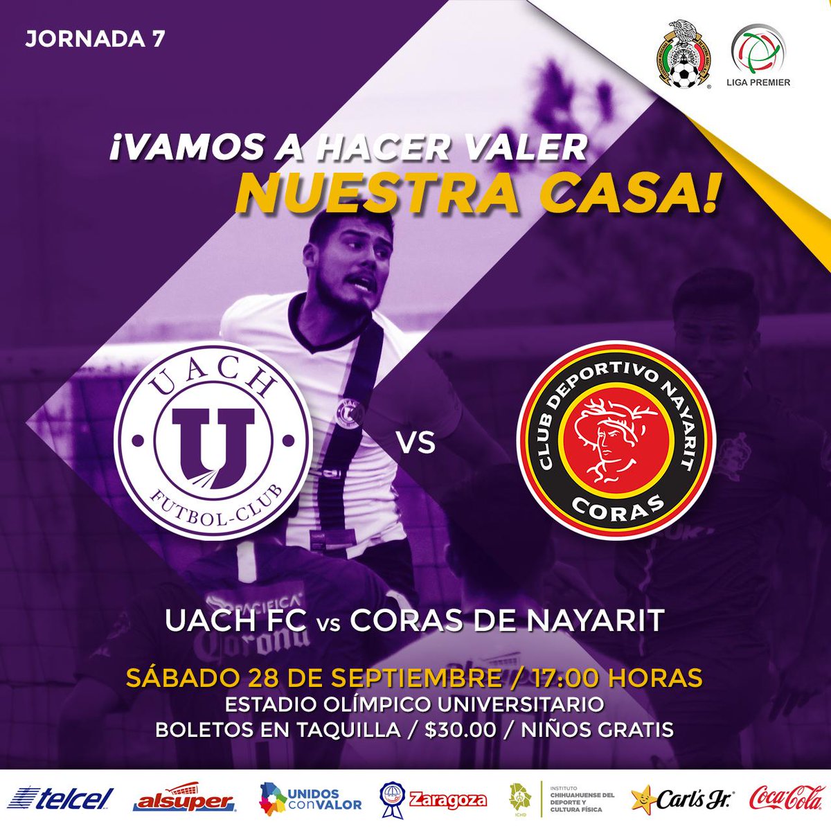 UACHFC's tweet photo. UACH F.C. recibe en casa a los Coras de Nayarit durante la Jornada 7 de la Liga Premier... Sábado 28 de septiembre, 5:00 p.m. / Estadio Olímpico Universitario.
#uach_fc #losdelau #DeportesCUU #lptemporada19i20 https://t.co/dy7lbd15ME