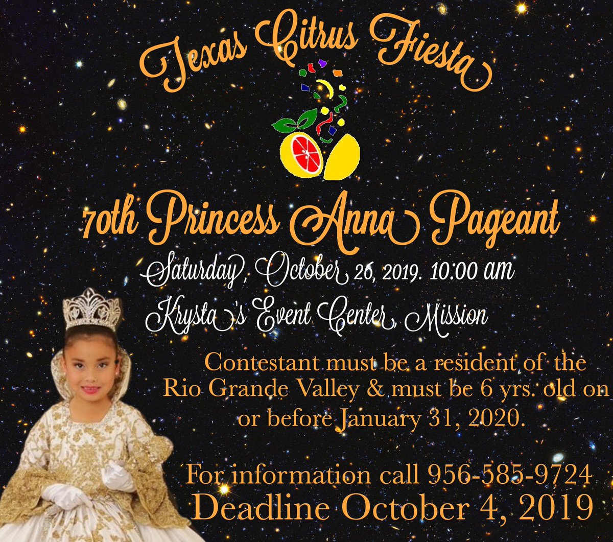 CityOfMissionTX's tweet photo. Know a precious 6-year-old that would be a perfect addition to the Texas Citrus Fiesta Royal Court? Grab a registration entry form and make it happen! We're looking for the next Princess Anna. #70YearTradition #PageantPrincess #MissionHistory https://t.co/SUmbANaZeX
