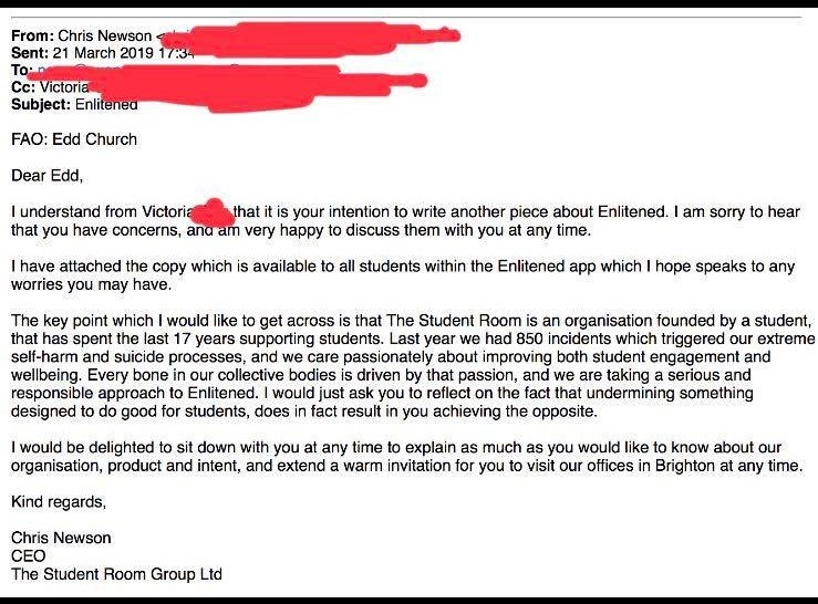 EddChurch's tweet image. Also, FUN FACT: after an article published in @Exepose was critical of the app, and a follow-up was planned - the CEO of @thestudentroom directly contacted me with the attached message. 

TW: Suicide.
