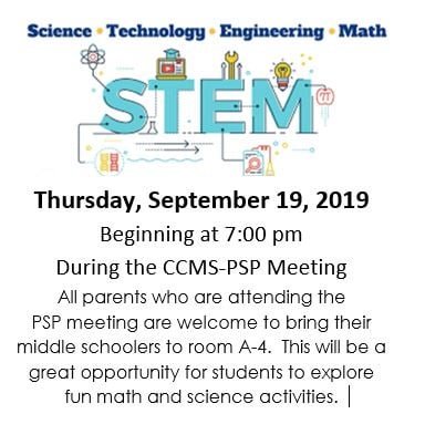 CCMS_PSP's tweet photo. All CCMS students are invited to attend a #STEM night with Mrs. Becker during our monthly PSP meeting! We hope to see you tomorrow! #CCMSdoesthefunstuff https://t.co/nvh08GXqtU