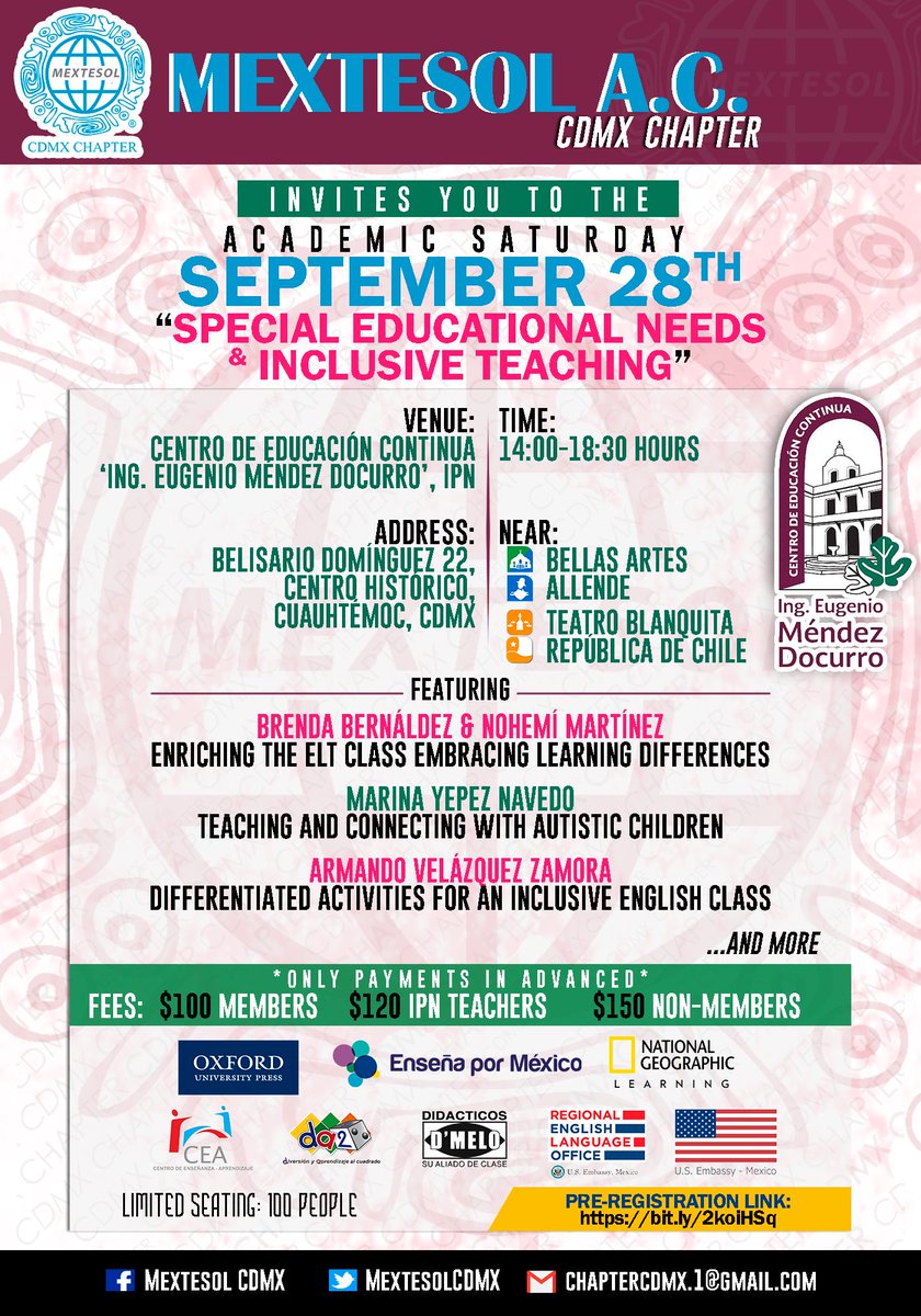 MextesolCDMX's tweet photo. MEXTESOL CDMX chapter invites all English Language Teachers, and soon-to-be, to the next Academic Saturday focused on SPECIAL EDUCATIONAL NEEDS & INCLUSIVE TEACHING. #mextesolCDMX #AcademicSaturday https://t.co/F1uUuQZ3kA