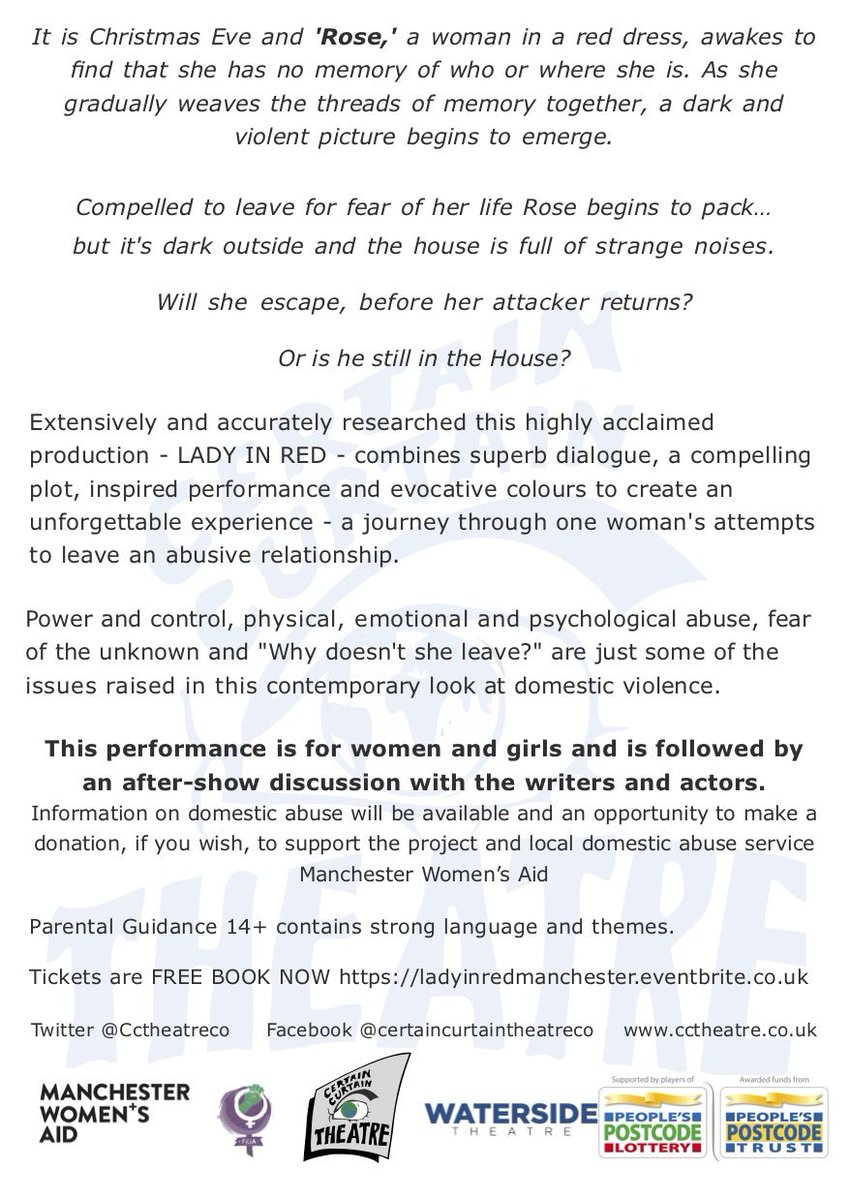 Certain Curtain Theatre return with their production Lady in Red on 23rd October. This performance is for women and girls only and is followed by a post show discussion.

Get your free tickets from buff.ly/2Qe5ASR 
<a href="/TheMcrCollege/">The Manchester College</a> <a href="/ucenmcr/">UCEN Manchester</a> <a href="/ArdenSchool/">The Arden</a> <a href="/TmcSu/">The Students’ Union</a>