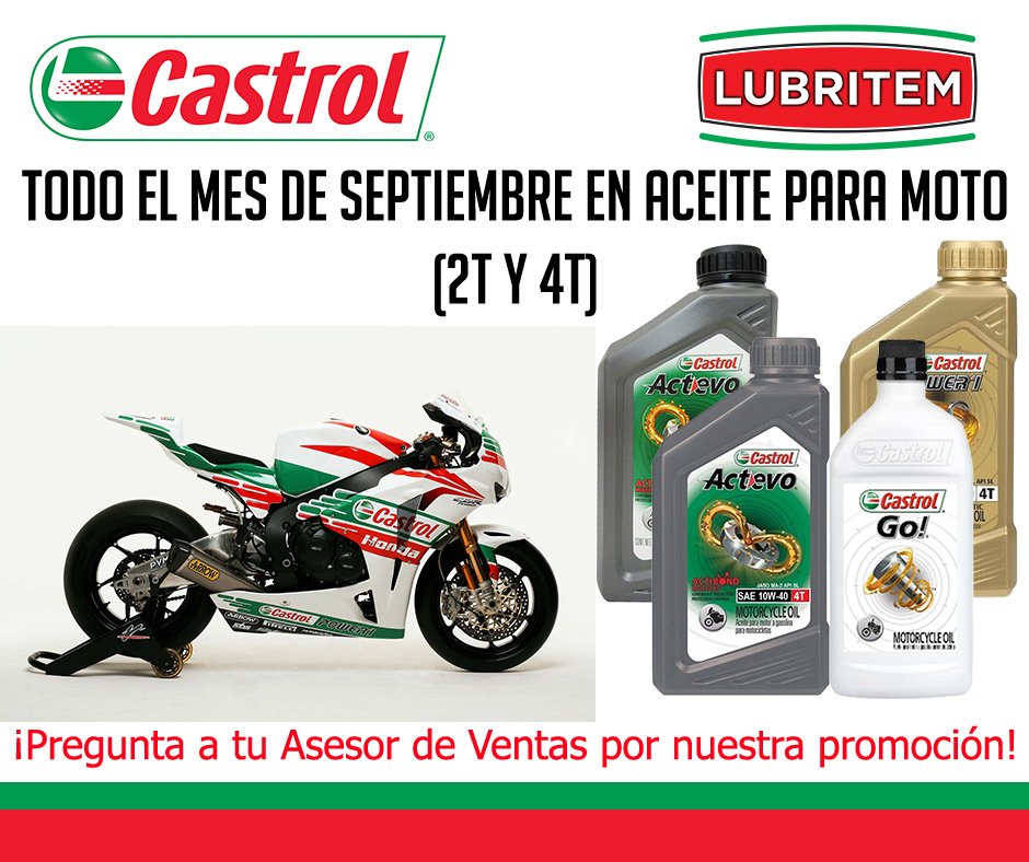 lubritem's tweet photo. Cuida tu moto con los expertos en lubricación; revisa con tu Asesor de Ventas la increíble promoción que tenemos este mes para ti en Aceite para moto de 2 y 4 tiempos

#Castrol #Actevo #Power1 #Go! #Lubritem #promociones #MesPatrio https://t.co/ffzro5QJjI