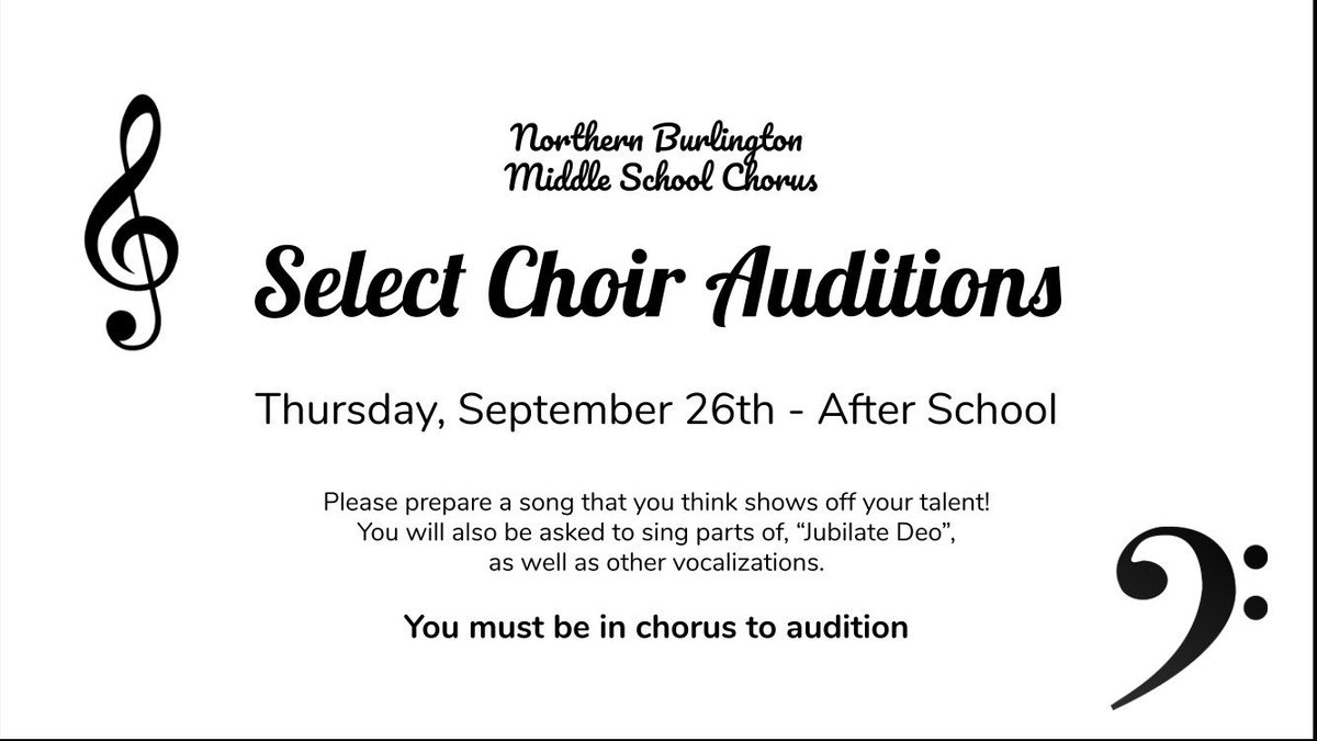 NBC_MSchorus's tweet photo. Enrolled in choir and looking for an extra challenge? Audition for Select Choir next Thursday! ✌️🎼 #nbnation #inspirethedesire #nbcchorus #selectchoir @EmerMatt @nbcsuper @nbc_hsprincipal @Sgraternbc https://t.co/Ymc2gZh4Nf