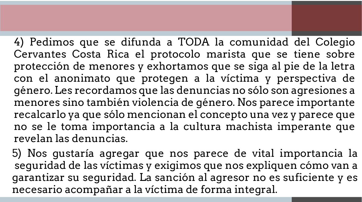 MeTooCosta's tweet photo. Las alumnas y ex alumnas detrás de la cuenta @MeTooCosta damos respuesta al comunicado oficial que sacó el Colegio Cervantes Costa Rica el día 11 de septiembre en su página oficial. Nos parece que su pronunciamiento es poco convincente y exigimos algunas aclaraciones: https://t.co/RrfpWehgyv