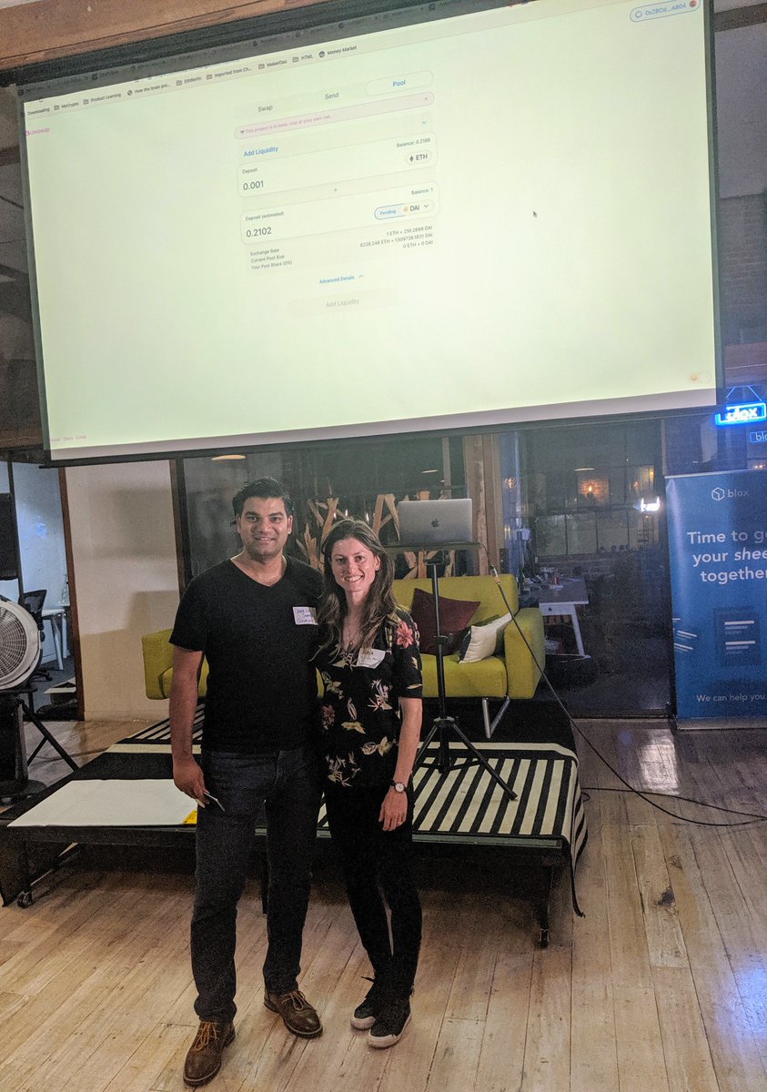 RikaGoldberg's tweet photo. Yesterday, at the @SFCryptoProduct meetup, @gane5h walked us through a deep dive of the @UniswapExchange Protocol. Everyone received some Dai, and we all became investors, because that's what #defi is all about! https://t.co/s1i5X6VWEg