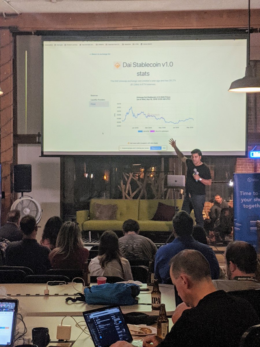 RikaGoldberg's tweet photo. Yesterday, at the @SFCryptoProduct meetup, @gane5h walked us through a deep dive of the @UniswapExchange Protocol. Everyone received some Dai, and we all became investors, because that's what #defi is all about! https://t.co/s1i5X6VWEg