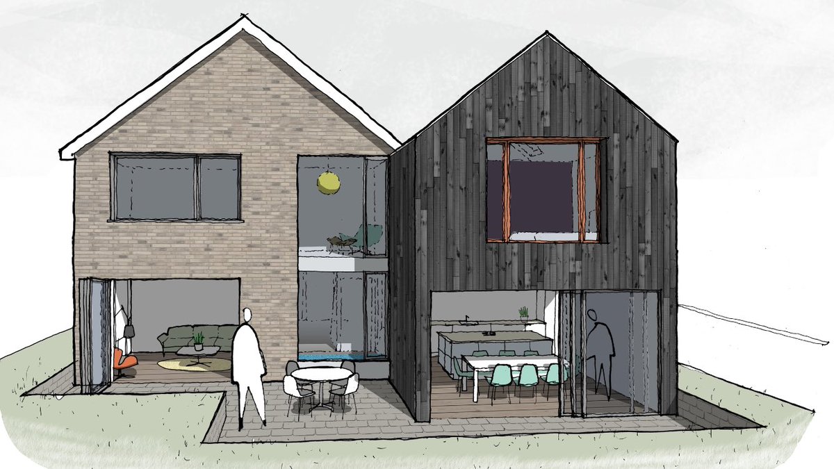 potentialetc's tweet image. Drab 1970’s houses make great candidates for transformation and for adding bold extensions. In this design I proposed charred timber cladding material to the extension structure. The new extension contains a kitchen diner and the master bedroom. Bespoke concept designs from £150.