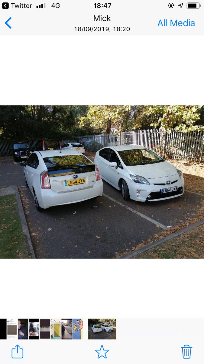 HankinsTrever's tweet photo. ⁦@TfLTPH⁩ as u can see these 2 PHV have identical no plates with roundels they were both at Canning Town test centre how is it possible for them both to have been licensed I thought right to flag this up as this must be dangerous for passengers how is this possible ? https://t.co/k85yaOd2AH