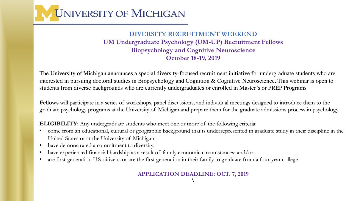 sewestrick's tweet photo. Interested in biopsych for grad school? @UM_Biopsych is accepting applications for a diversity-focused recruitment webinar to introduce students to the grad app process and the Psych Dept at UM. Applications due Oct 7th! https://t.co/gZRQmqpkOx https://t.co/nK3qTd9m74