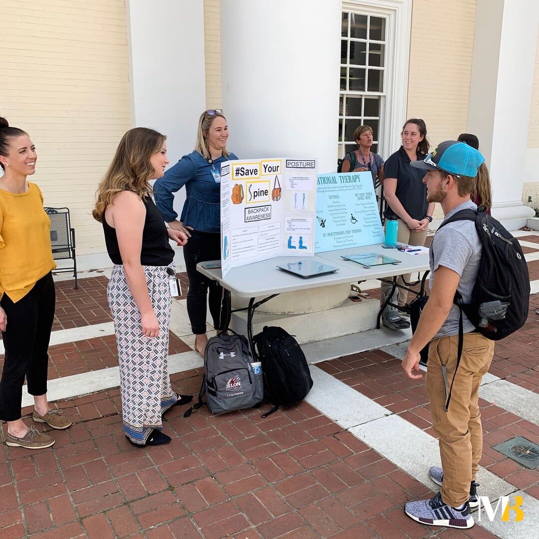 MaryBaldwinU's tweet photo. #MBUstudents in the #OT program at #MDCHS are on the Staunton campus for #backpackday. Stop by Grafton by 4pm to get tips on how to pack and wear backpacks in order to avoid back pain and damage to your spine. 

#MBUfamily #occupationaltherapy #backpackawarenessday https://t.co/qieGOvcgRc