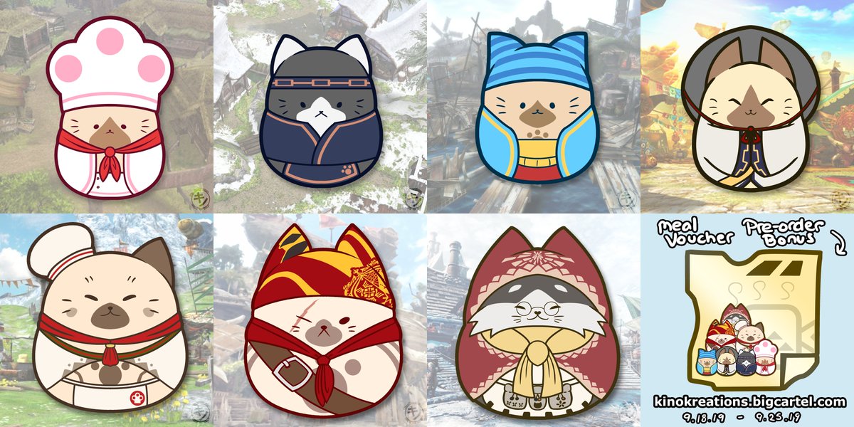 🦈 kinokreations.bigcartel.com🦈
What's this nya? Flavors these felyne chefs bring you from around the #MonsterHunter universe! This sticker set of 7 whopping stickers are now available for pre-order to commemorate the 15 years of Monster Hunter! Worked hard to draw all of em~! :)