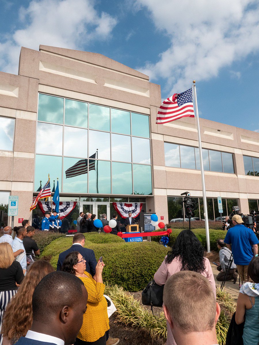 USCIS's tweet photo. Today, we’re opening the new location of our Charlotte field office, celebrating #ConstitutionWeek, and most importantly, welcoming 20 new U.S. citizens. Acting USCIS Director @USCISCuccinelli is in Charlotte, NC for these special events. #newUScitizen #WeThePeople https://t.co/u6CpZkkF7O