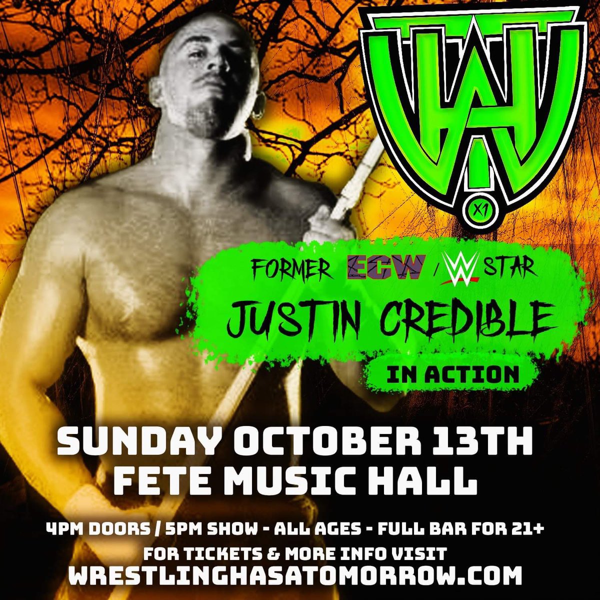 WHATomorrow's tweet photo. ECW Icon Justin Credible returns to WHAT! Wrestling in action on October 13th!
We last saw Justin Credible at #WHATII when he reunited with Lance Storm and Tommy Dreamer to beat down JT Dunn and Jimmy Jacobs.
Limited $30 Stage Seating
https://t.co/5693kPkZzA https://t.co/ha6mANdqQZ