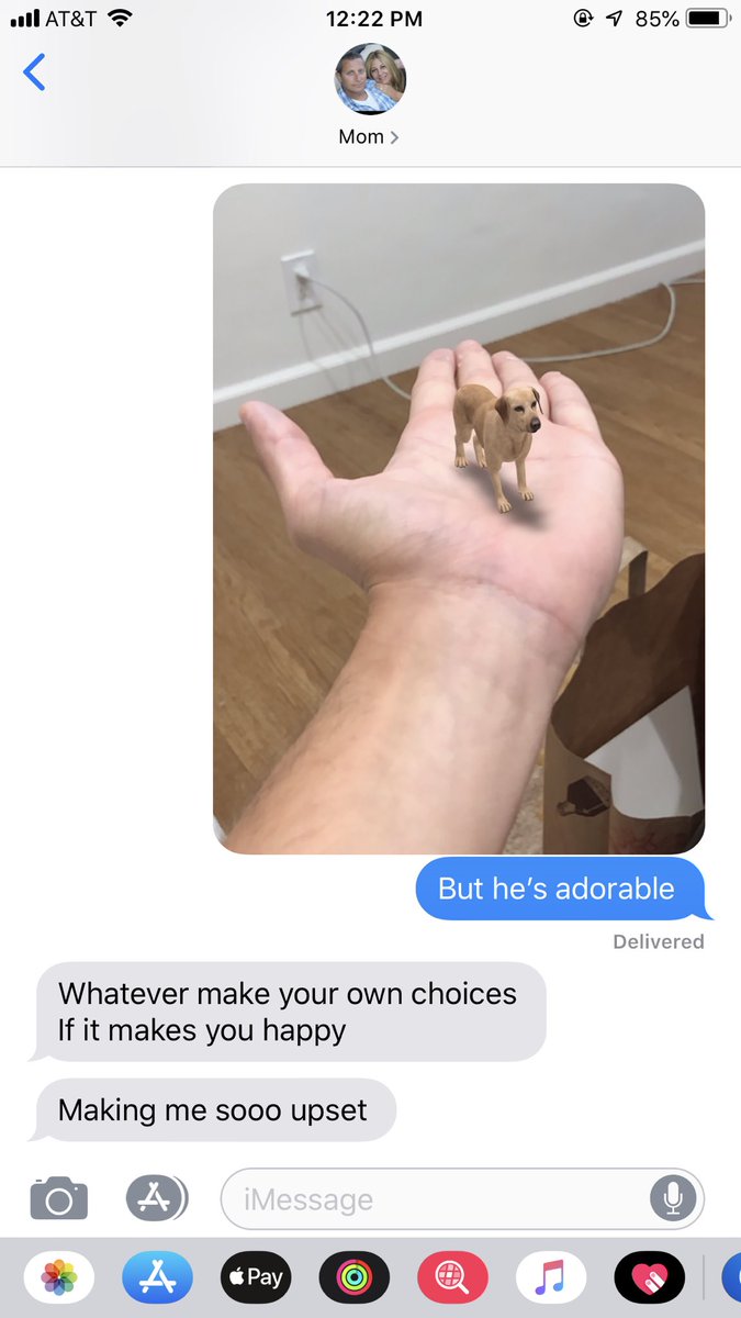 JacksonDoneHere's tweet photo. So apparently Google has an AR dog that you can insert into your environment... these are my moms thoughts https://t.co/ZWETV8zJq5
