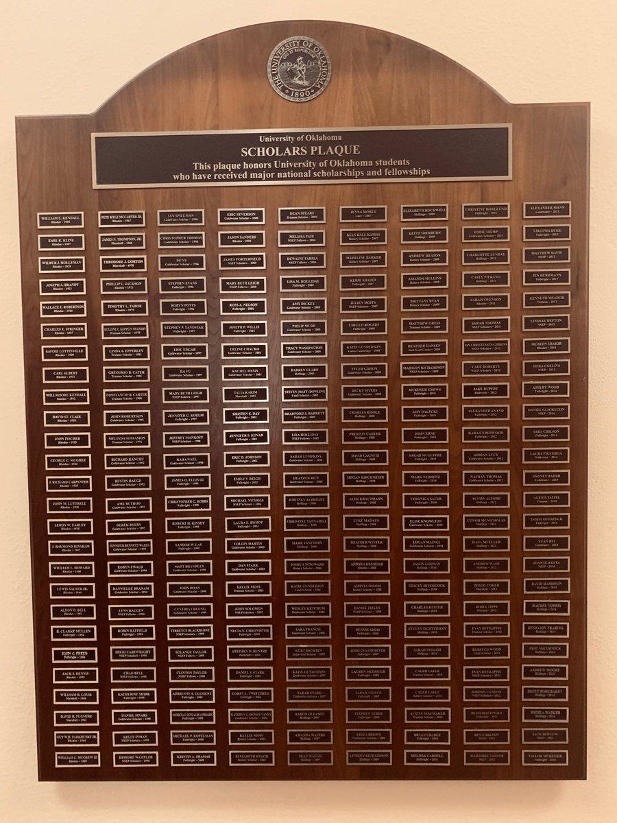 SaraSeebaum's tweet photo. OU showing off academic excellence in the Union with the Scholars Plaque. This plaque honors OU students who have received major national scholarships and fellowships. Check it out! #GaylordSocial https://t.co/mjv1vMZ32u