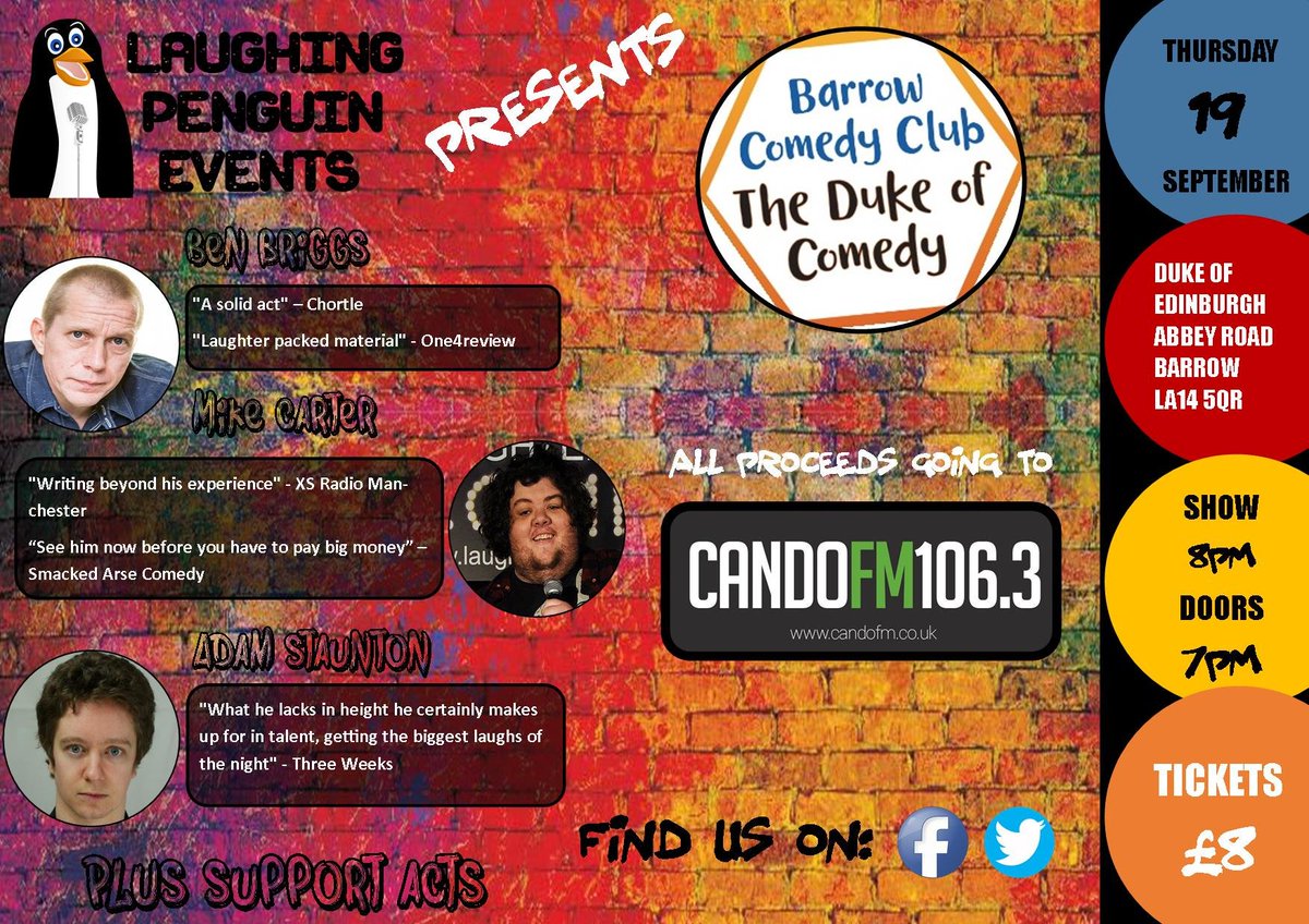 TheDukeofComedy's tweet photo. Our next comedy night is tomorrow at 8pm!

All proceeds going to @CandoFM 

Tickets available from @DukeBarrow, TicketSource or on the door. https://t.co/nHkc0erJHD