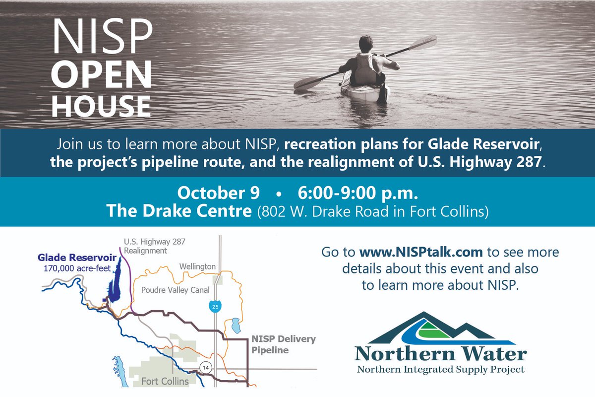 northern_water's tweet photo. We hope you can join us Oct. 9 at the Drake Centre in Fort Collins! We'll be there from 6-9 p.m. to answer any questions you have about recreation opportunities at Glade Reservoir, pipeline routes and other aspects of NISP. https://t.co/K6Z6qvJieM