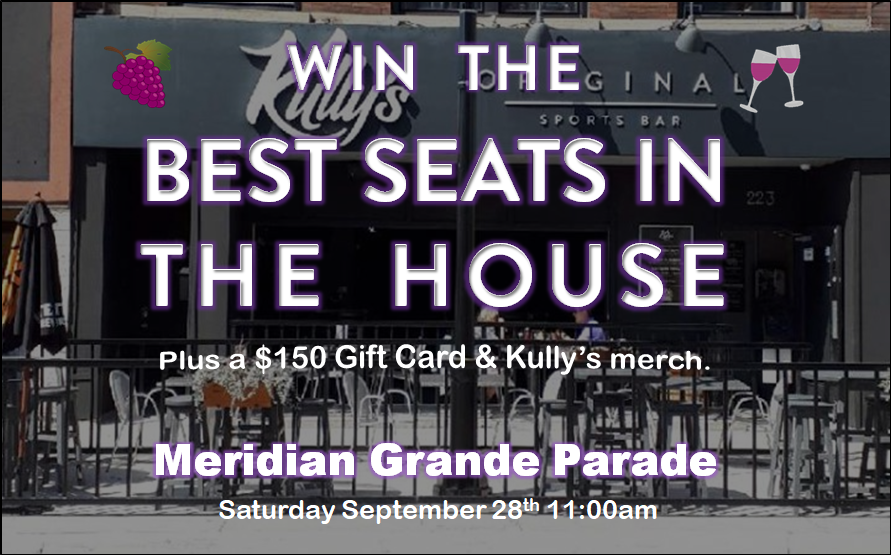 KullysSportsBar's tweet photo. Contest Time! Head over to our Instagram @kullyssportsbar and enter for your chance to win a table for 4, front row on the patio, for the Meridian Grande Parade. PLUS a $150 Kully's gift card and merch. #bsith #meridian #grandeparade #grapeandwine #kosb #trueoriginals https://t.co/BR7gyKkZpN