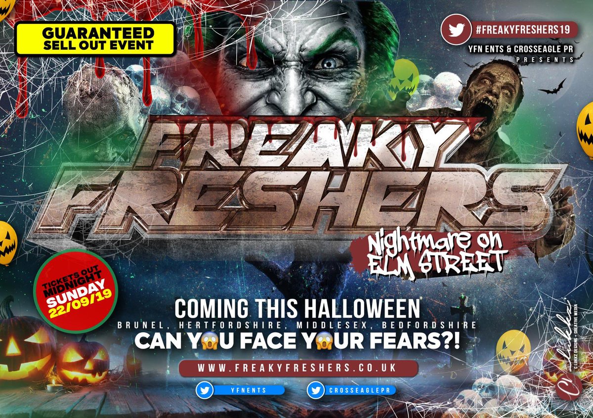 CROSSEAGLEPR's tweet photo. @YFNEnts &amp; @CROSSEAGLEPR PRESENTS: #FREAKYFRESHERS

100% GUARANTEED SELL OUT

TICKETS OUT 22ND SEPTEMBER‼️

THIS HALLOWEEN 👻🎃

#FF19 https://t.co/mkv7EQ7W4U