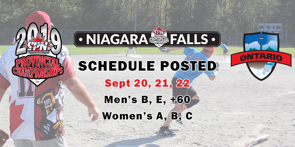 #heyontario your Mens B,E, 60+ and Womens B,C schedule is now ready for the 2019 #SPN #ProvincialChampionships 

Click here to see the match-ups! slo-pitch.com/content/ontari…

Good luck and remember to #justplayslopitch 🥎

#slopitch #schedule #niagarafalls