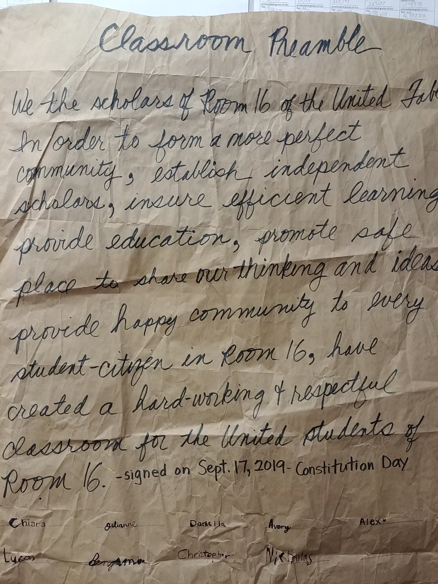 mrskwalk's tweet photo. Written & signed on Sept. 17th, #Consttution Day "Classroom Preamble." #historicalthinking = #criticalthinking #historyed #WeAreWeaver @Weaverwhales https://t.co/igD2X0Su3F