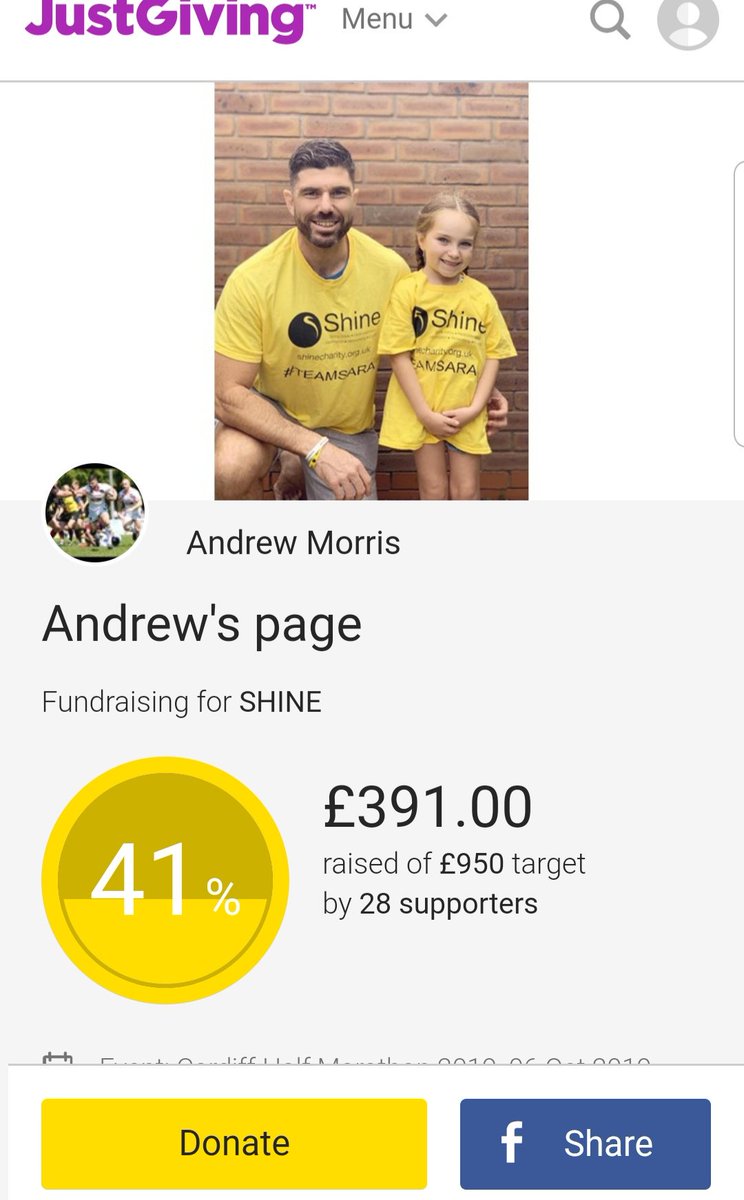 <a href="/hmps_rfc/">HMPS_RFC</a>   <a href="/CHEPSTOWRFC/">CHEPSTOW RUGBY CLUB</a>   <a href="/ChepstowRFC_MJ/">Chepstow RFC Mini & Juniors</a> 

Almost 50% there on the fundraising  for <a href="/andrewmorris7/">Andrew Morris</a>  <a href="/CardiffHalf/">Cardiff Half 🏴󠁧󠁢󠁷󠁬󠁳󠁿</a>  run which is just over 2 weeks away for <a href="/SHINEUKCharity/">Shine</a>     <a href="/ShineKateSteele/">Kate Steele</a> .

You can donate (if you can) by following the link...  justgiving.com/Andrew-Morris68